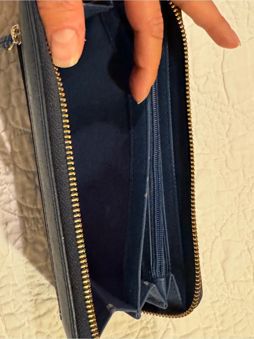 Fossil Navy Blue Leather RFID Wristlet Wallet with Gold-Tone Zip